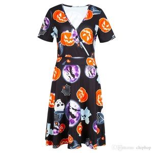 Ms Basic Halloween Skater Dress Womens Large V Neck Short Sleeves Graphic Print